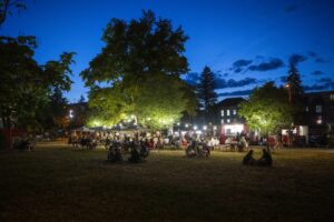 Noční atmosféra a diváci v parku na Letní filmové škole